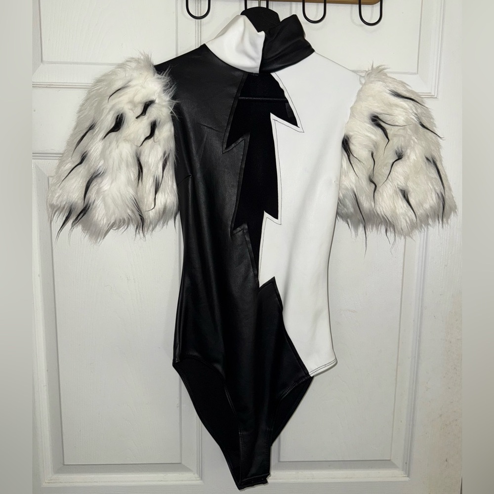 Black and White Bodysuit with Faux Fur Sleeves